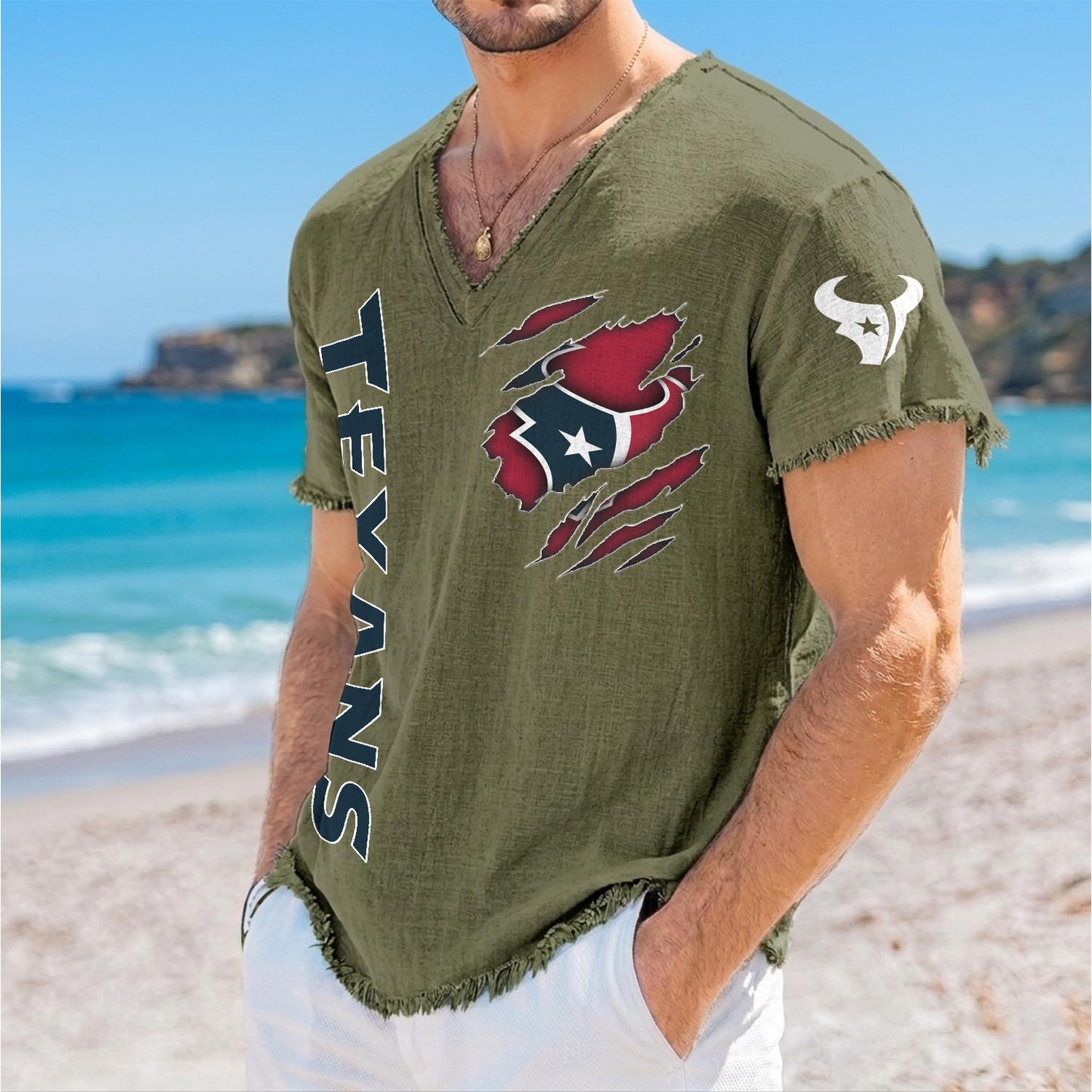 HOU x NFL V-Neck Linen Beach Shirt 1905 DatND DVT