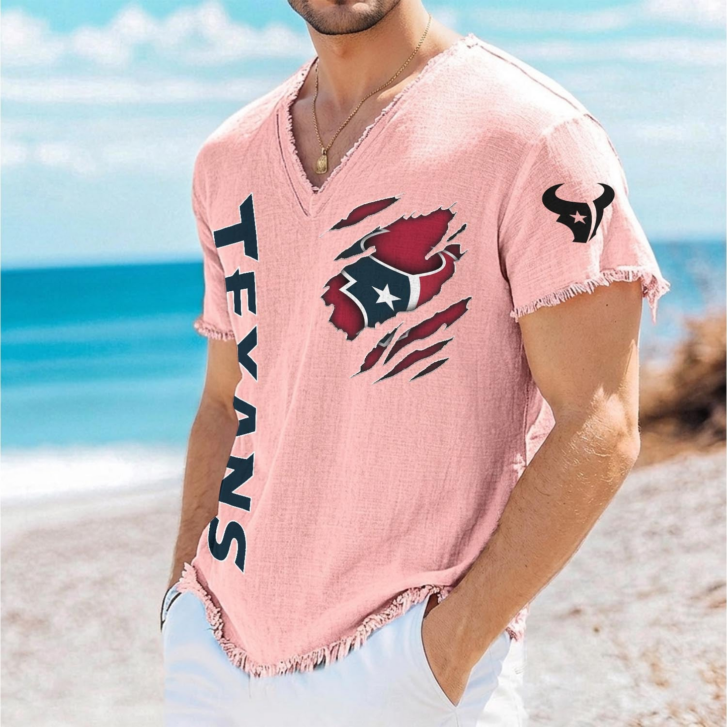 HOU x NFL V-Neck Linen Beach Shirt 1905 DatND DVT