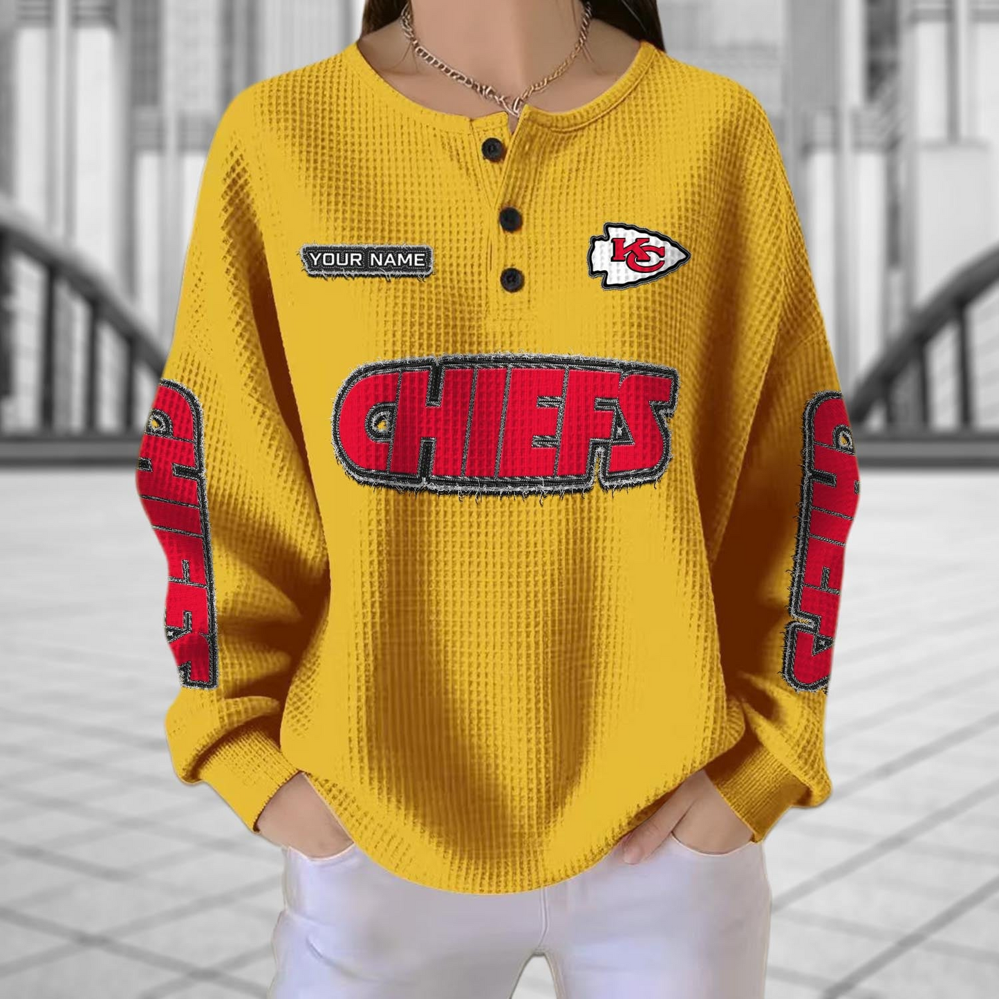KC x NFL Personalized Waffle Knit Henley Sweatshirt 2005 DatND DVT