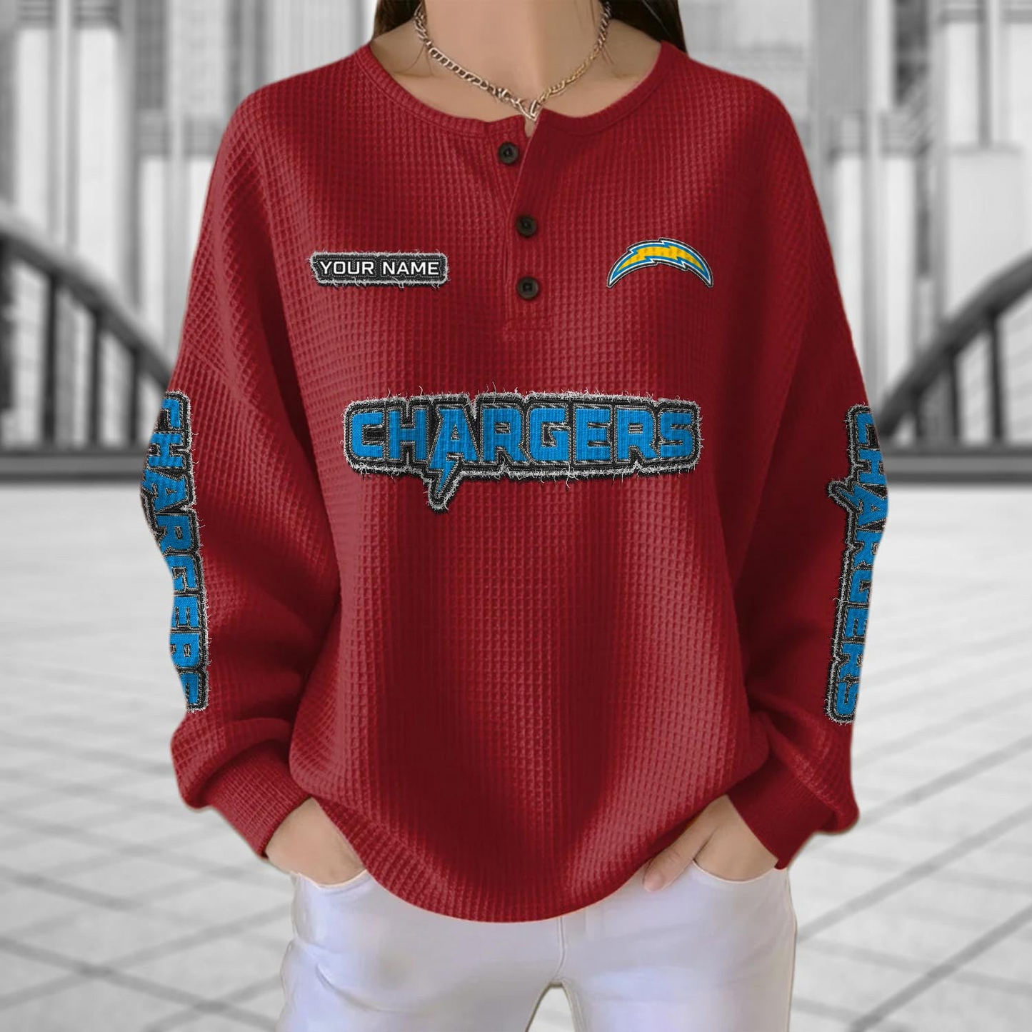 LAC x NFL Personalized Waffle Knit Henley Sweatshirt 2005 DatND DVT