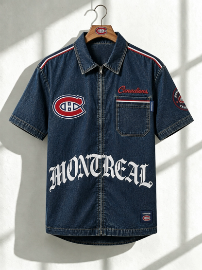 MC x NHL Print Denim Short-Sleeve Work Shirt 180526 DatND LBN
