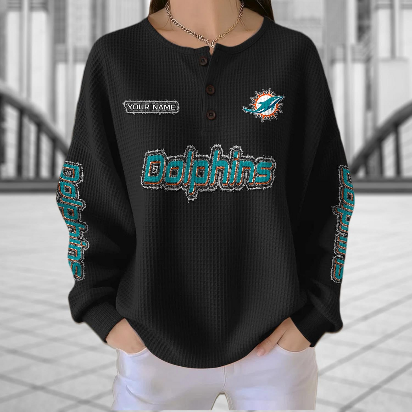 MIA x NFL Personalized Waffle Knit Henley Sweatshirt 2005 DatND DVT