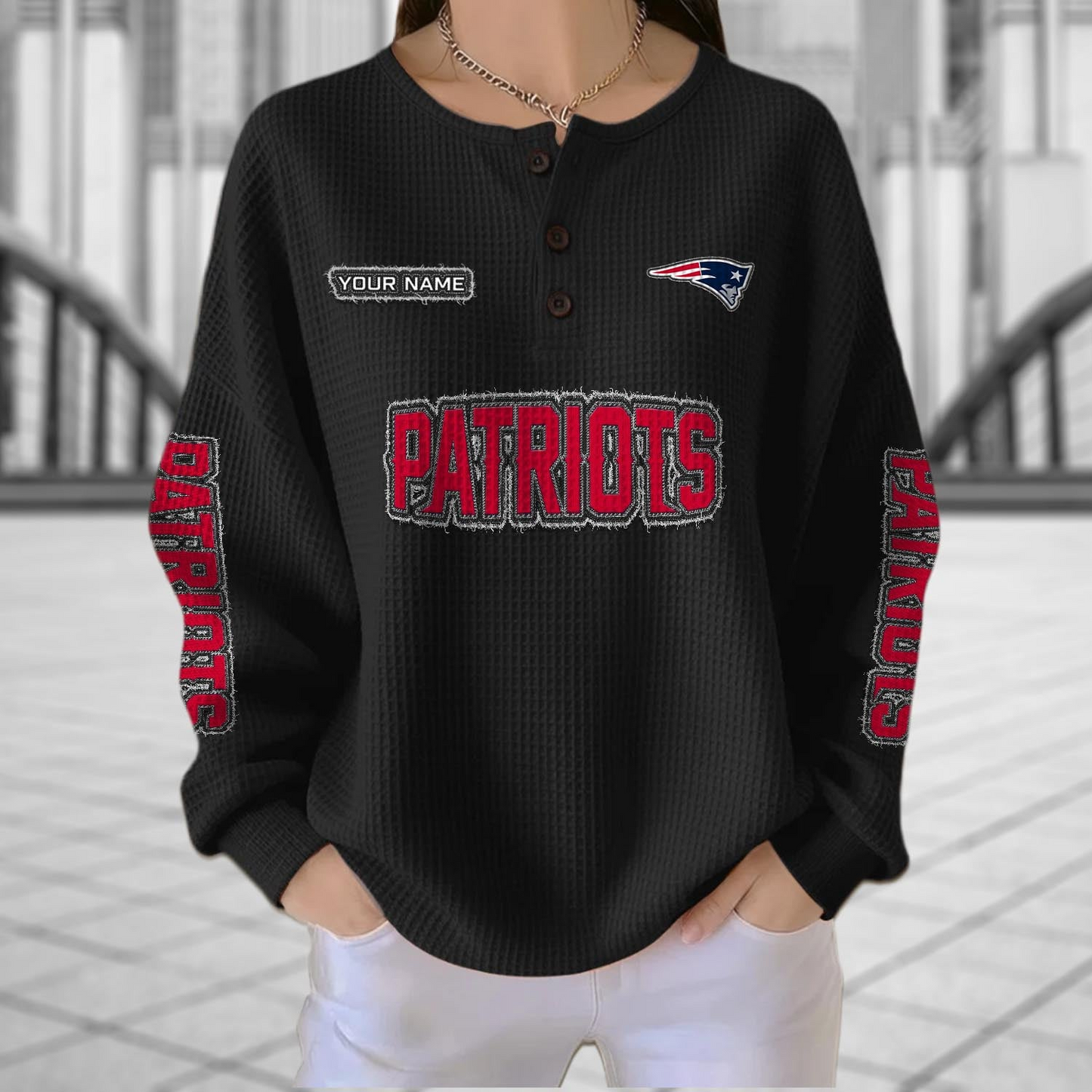 NE x NFL Personalized Waffle Knit Henley Sweatshirt 2005 DatND DVT
