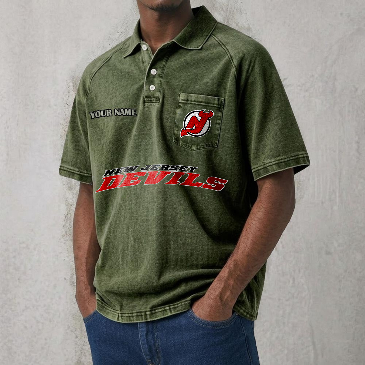 NJD x NHL Men's Distressed Turn-Down Collar Polo DATND TANTD 250526
