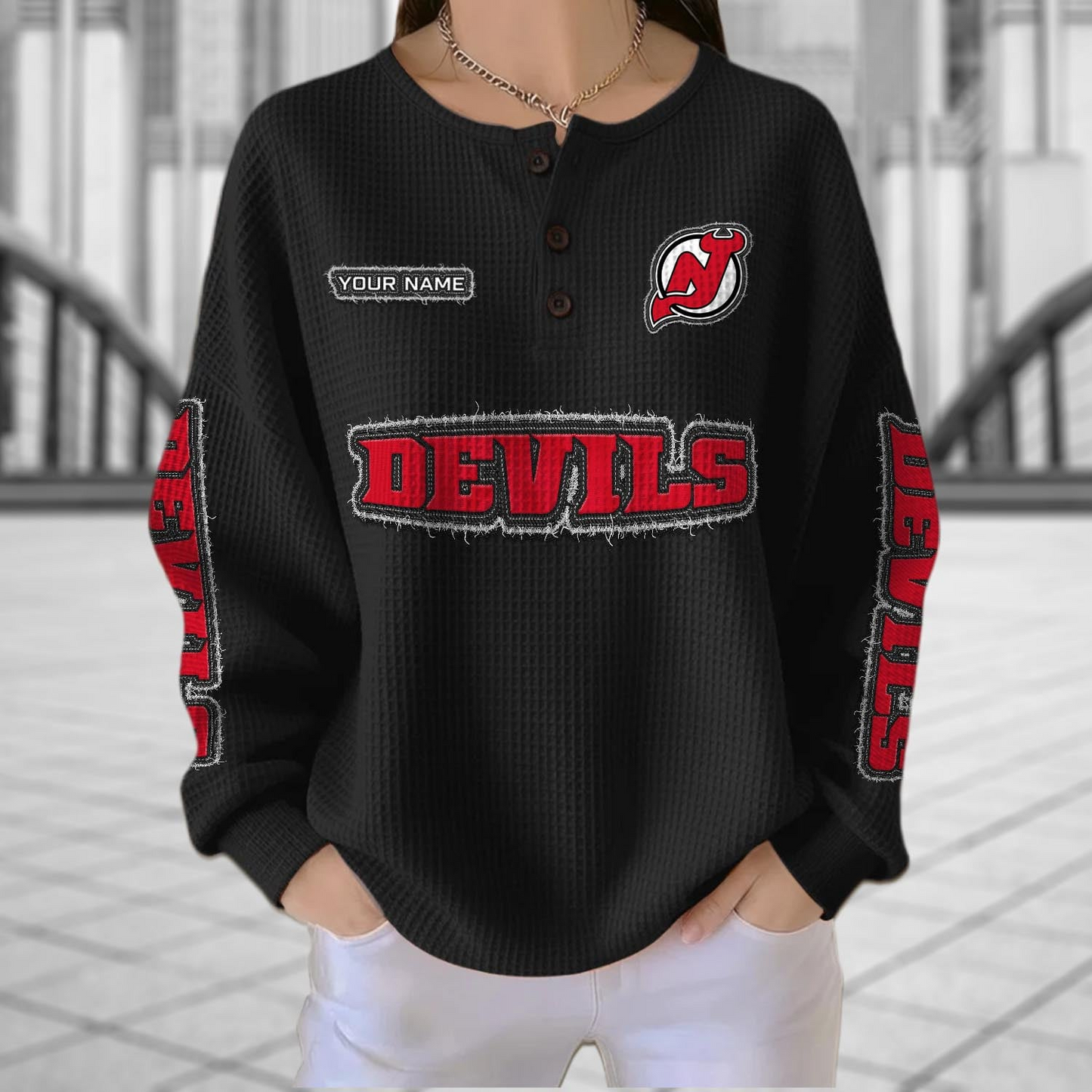 NJD x NHL Personalized Waffle Knit Henley Sweatshirt 2005 DatND DVT
