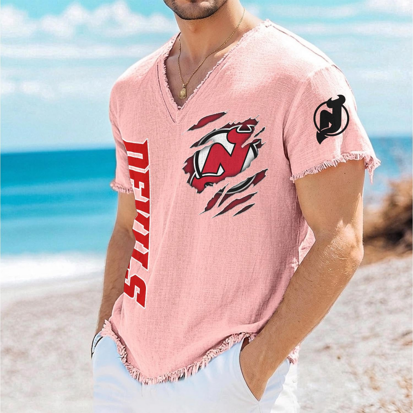 NJD x NHL V-Neck Linen Beach Shirt 1905 DatND DVT