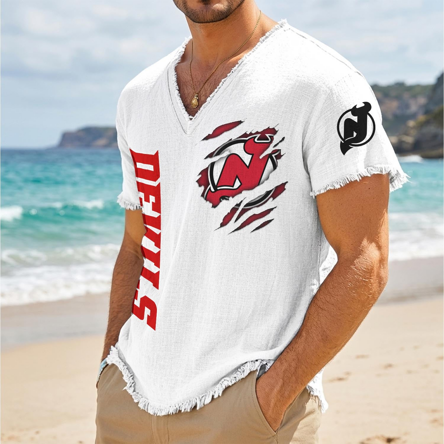 NJD x NHL V-Neck Linen Beach Shirt 1905 DatND DVT