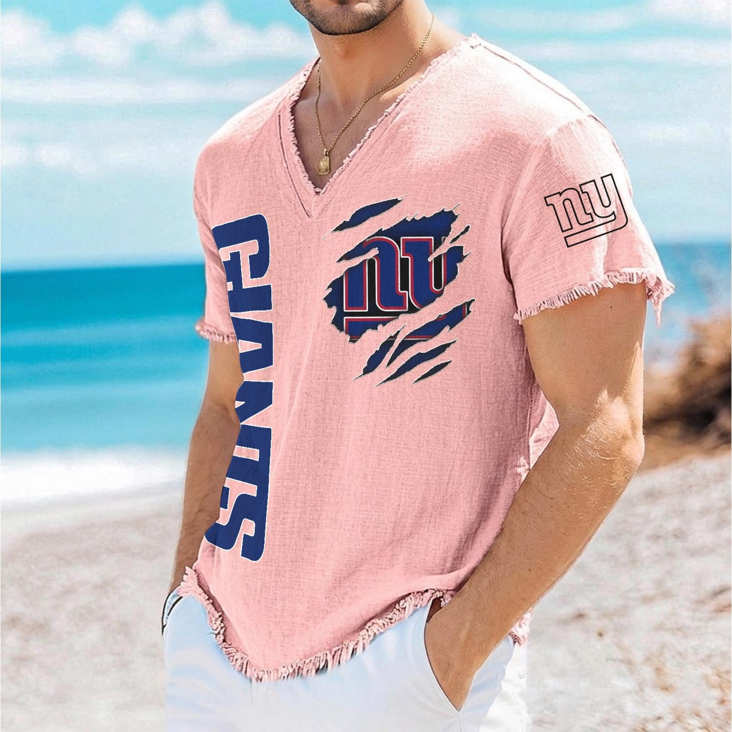 NYG x NFL V-Neck Linen Beach Shirt 1905 DatND DVT