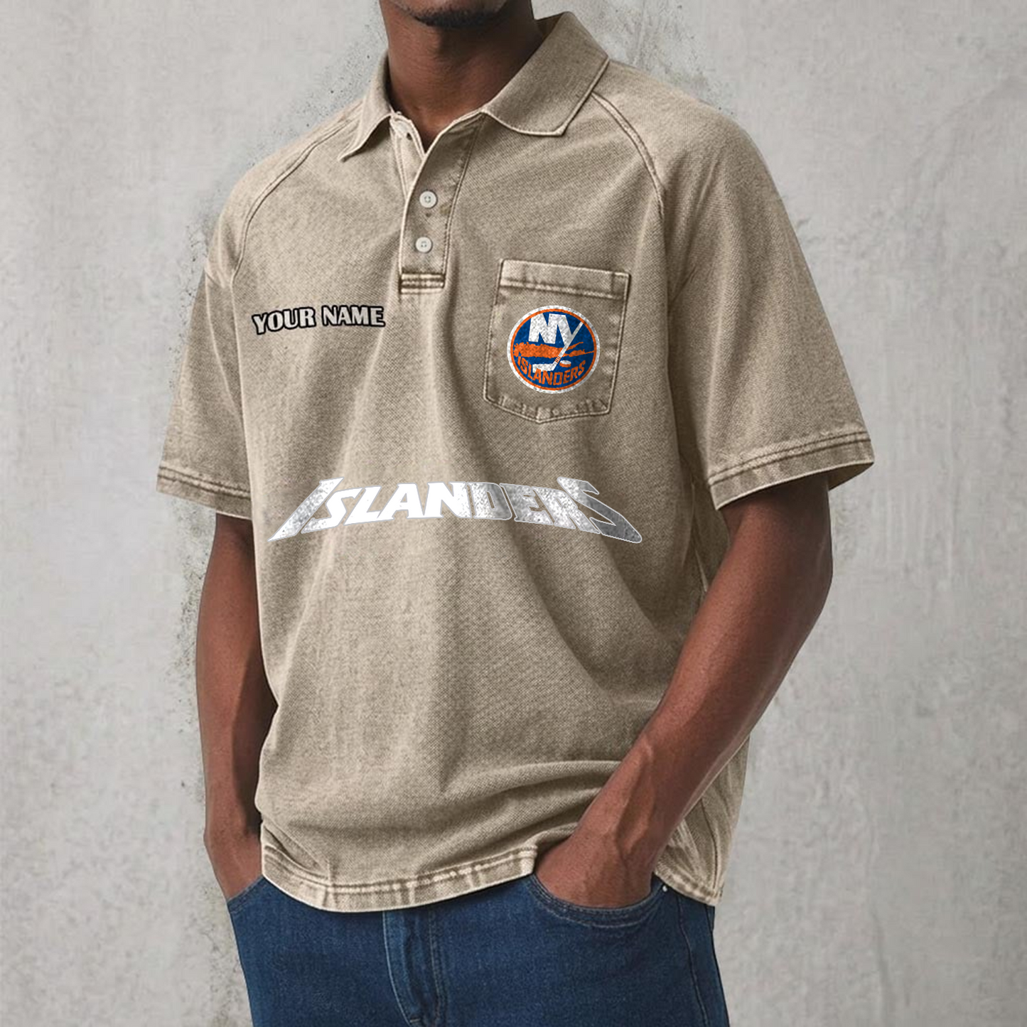 NYI x NHL Men's Distressed Turn-Down Collar Polo DATND TANTD 250526