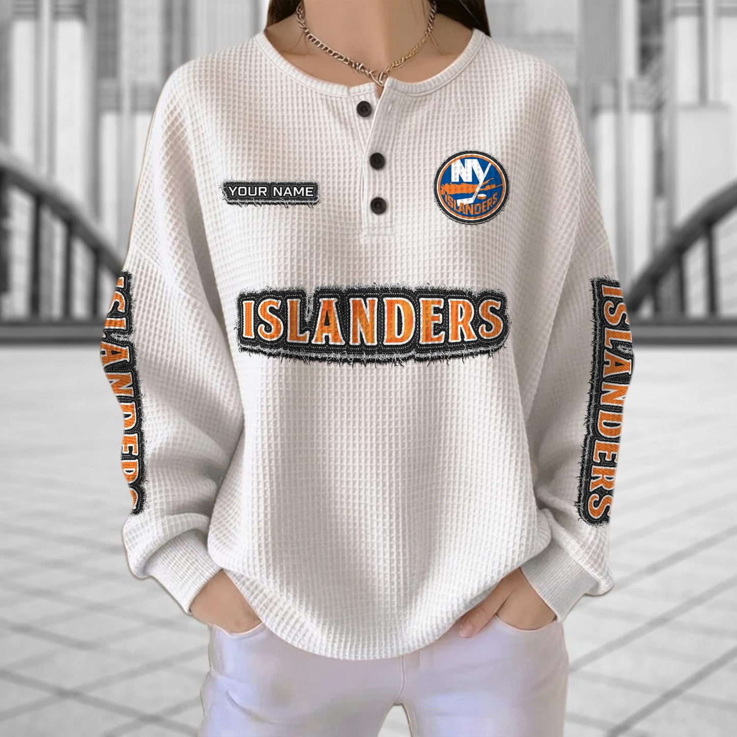 NYI x NHL Personalized Waffle Knit Henley Sweatshirt 2005 DatND DVT