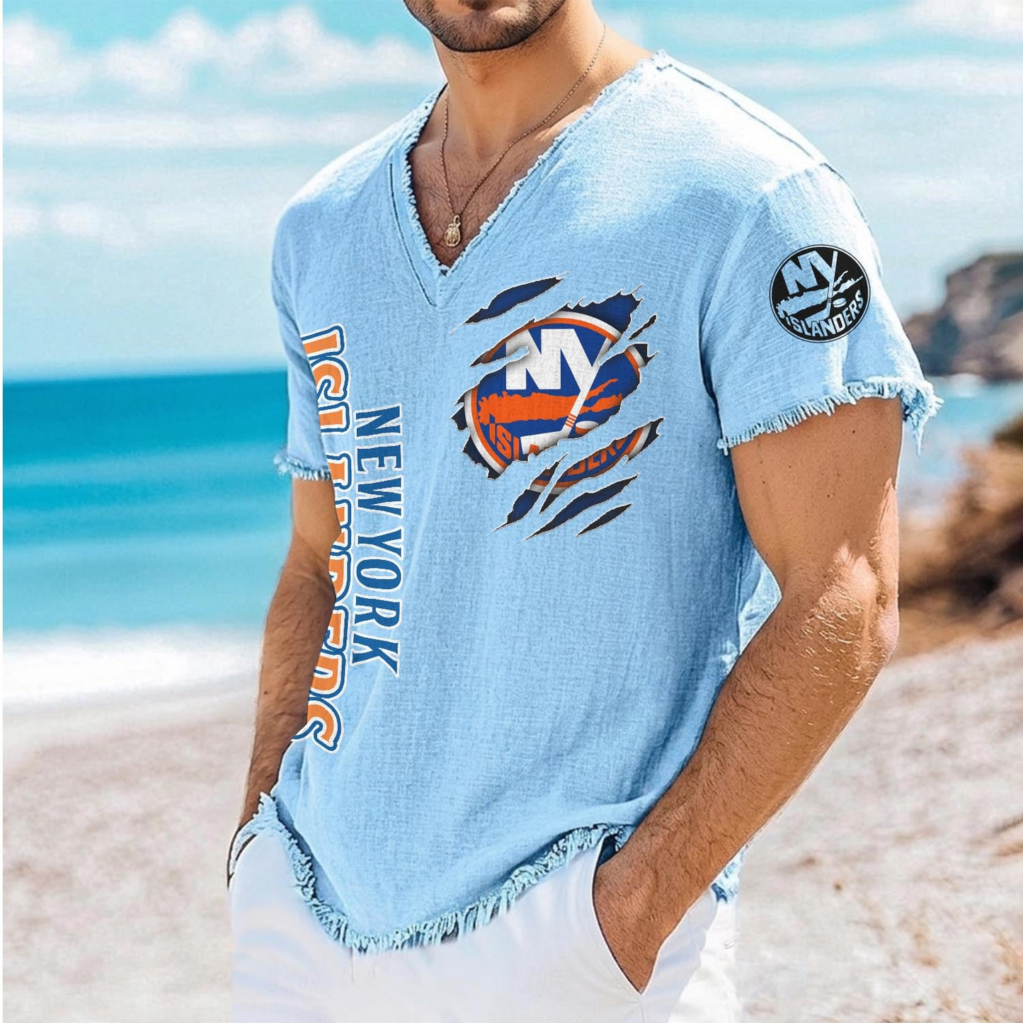 NYI x NHL V-Neck Linen Beach Shirt 1905 DatND DVT