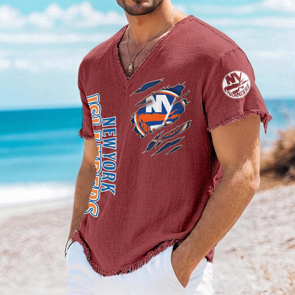 NYI x NHL V-Neck Linen Beach Shirt 1905 DatND DVT