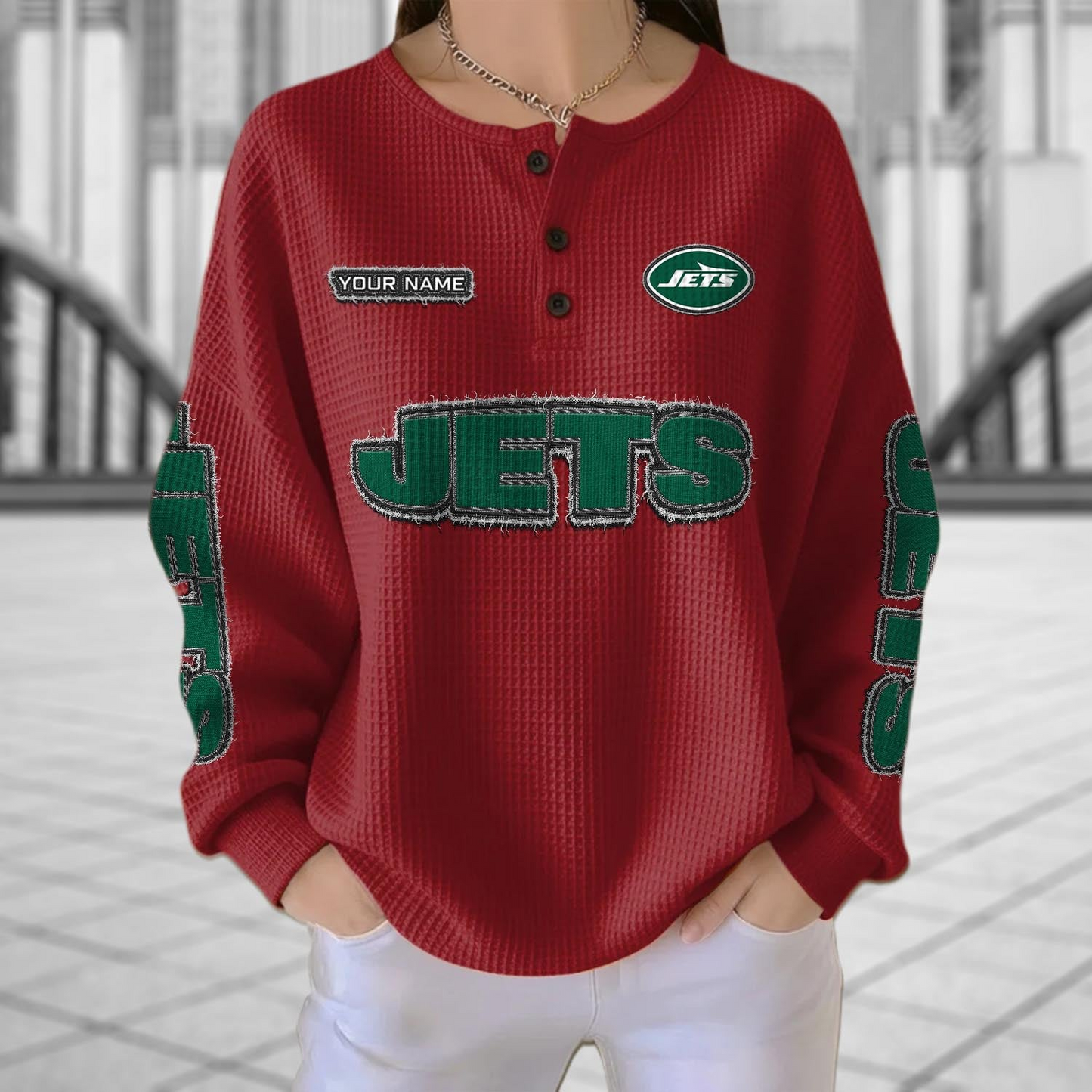 NYJ x NFL Personalized Waffle Knit Henley Sweatshirt 2005 DatND DVT