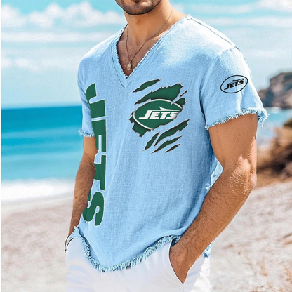 NYJ x NFL V-Neck Linen Beach Shirt 1905 DatND DVT