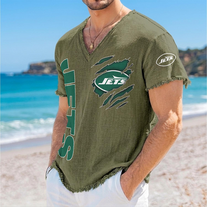 NYJ x NFL V-Neck Linen Beach Shirt 1905 DatND DVT