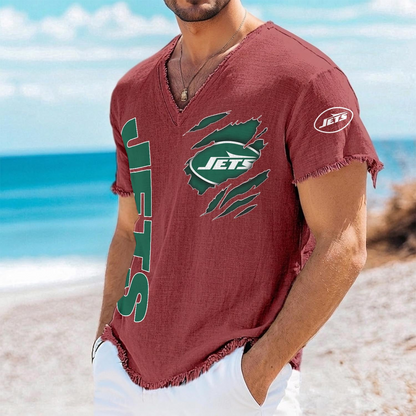 NYJ x NFL V-Neck Linen Beach Shirt 1905 DatND DVT