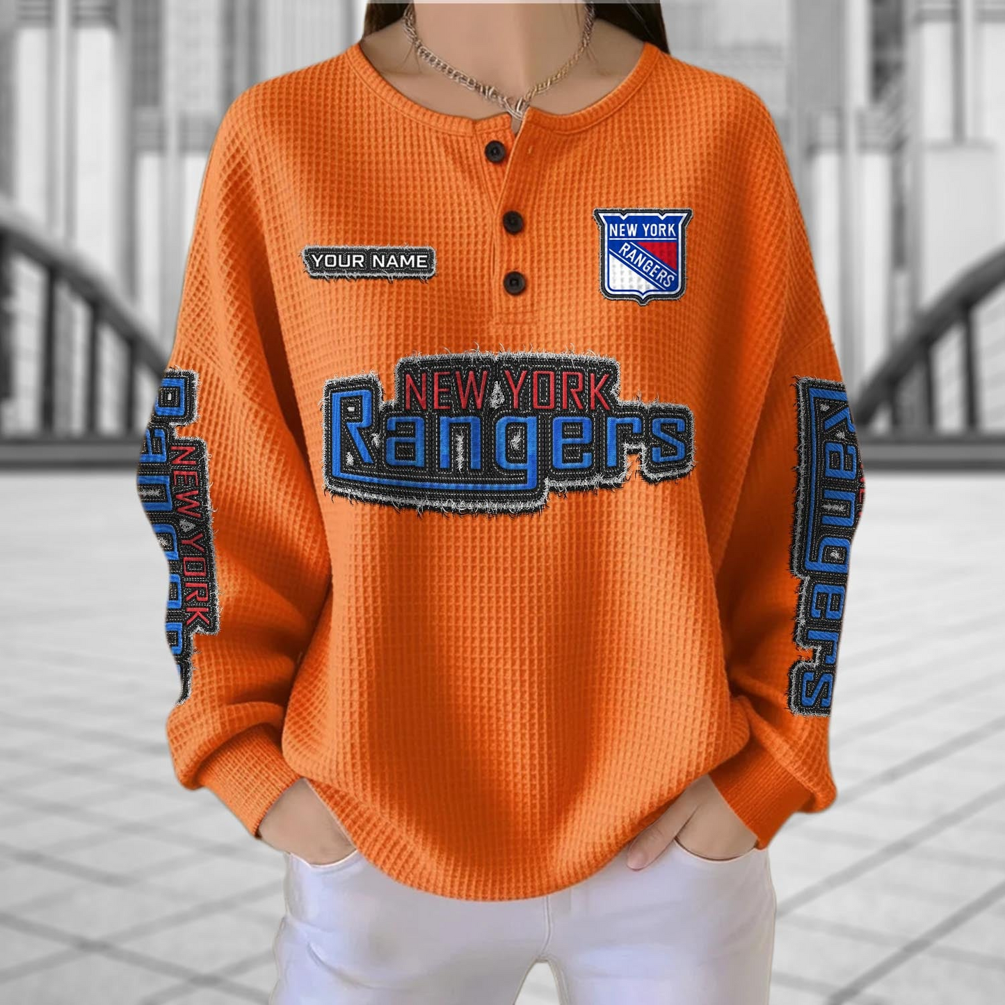 NYR x NHL Personalized Waffle Knit Henley Sweatshirt 2005 DatND DVT