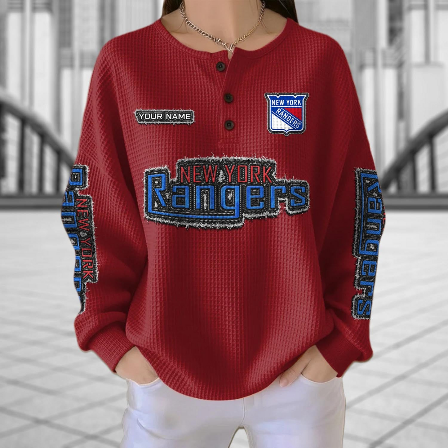 NYR x NHL Personalized Waffle Knit Henley Sweatshirt 2005 DatND DVT