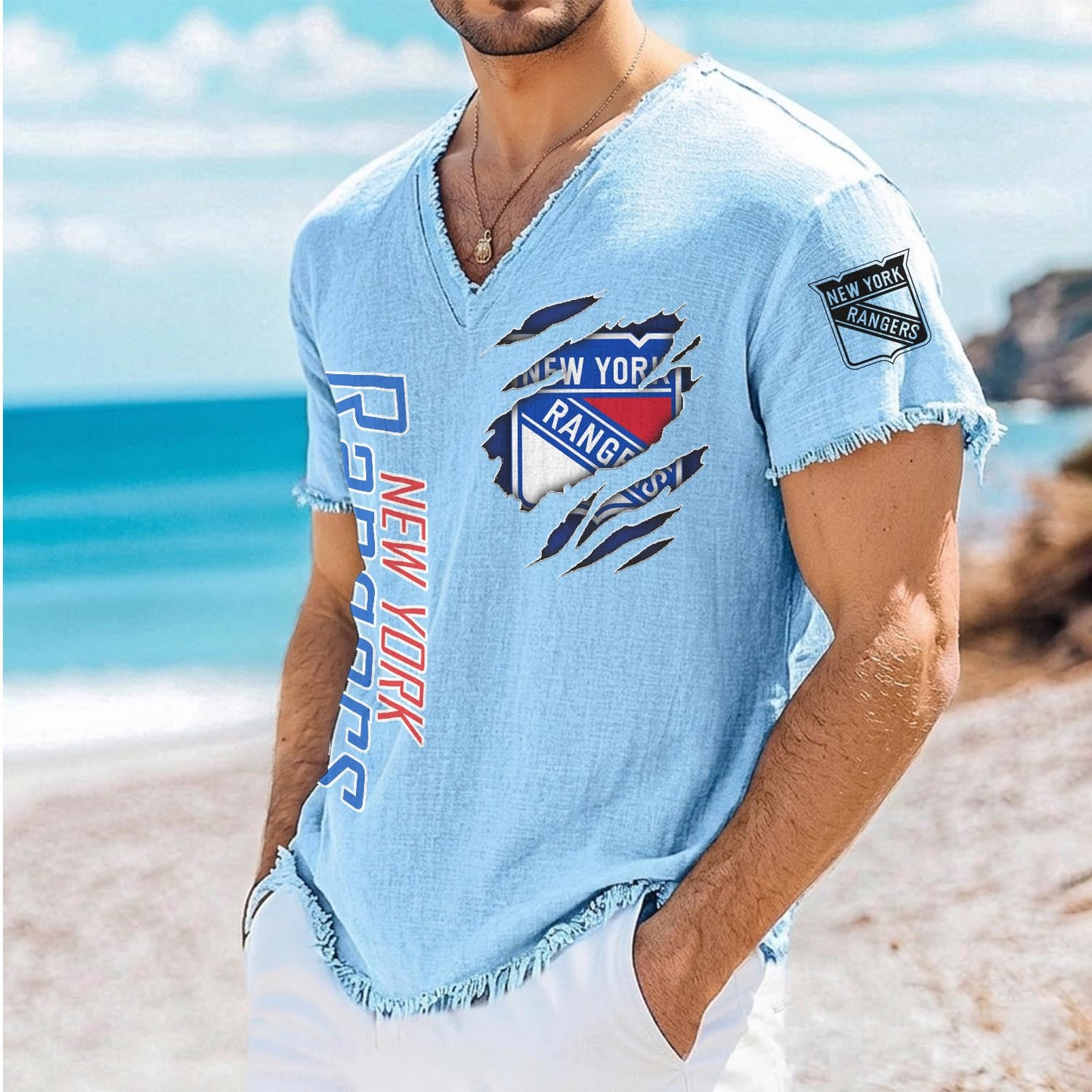 NYR x NHL V-Neck Linen Beach Shirt 1905 DatND DVT