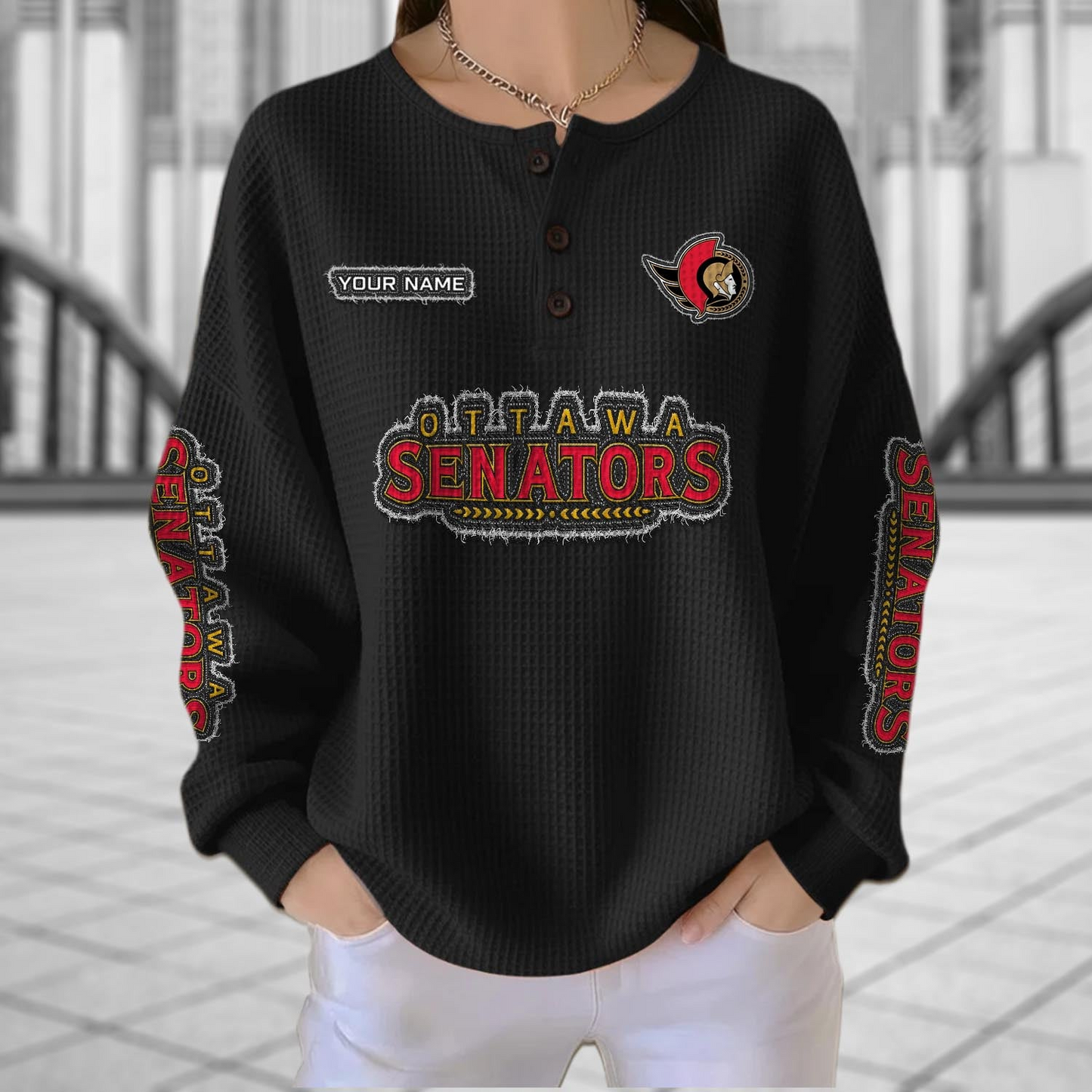 OTT x NHL Personalized Waffle Knit Henley Sweatshirt 2005 DatND DVT