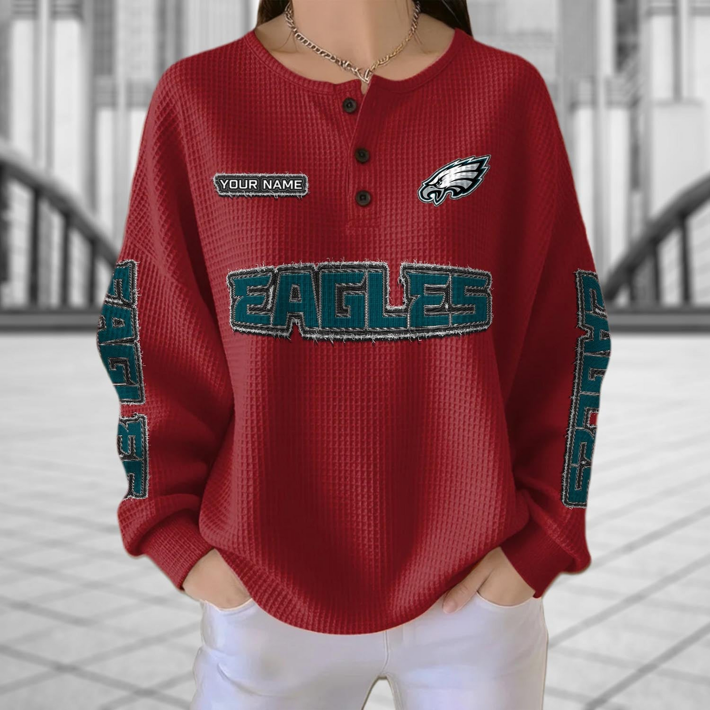 PHI x NFL Personalized Waffle Knit Henley Sweatshirt 2005 DatND DVT