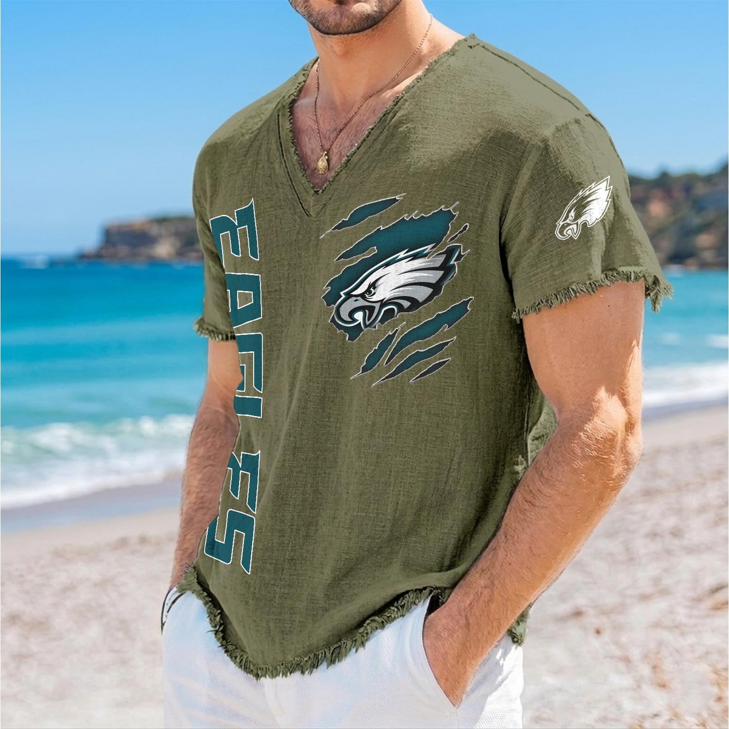 PHI x NFL V-Neck Linen Beach Shirt 1905 DatND DVT