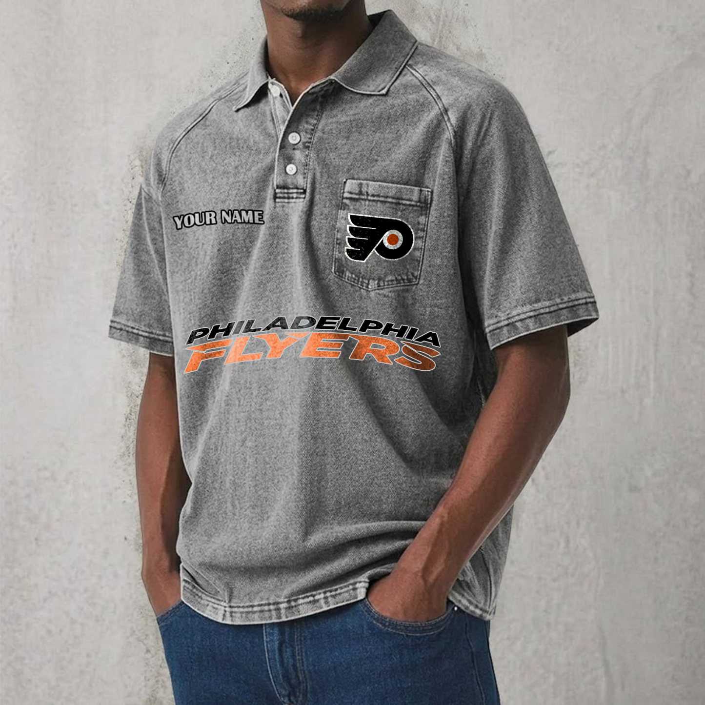 PHI x NHL Men's Distressed Turn-Down Collar Polo DATND TANTD 250526