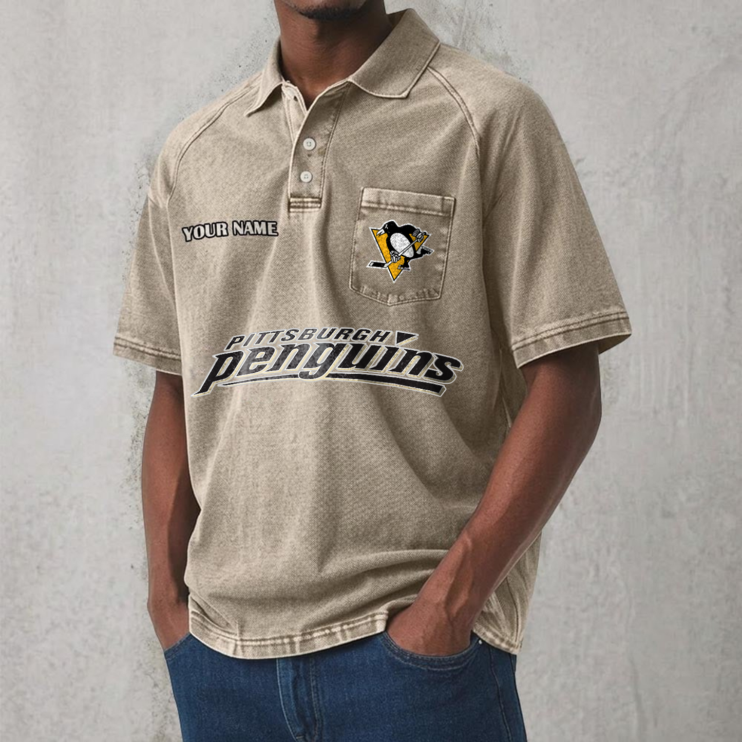 PIT x NHL Men's Distressed Turn-Down Collar Polo DATND TANTD 250526
