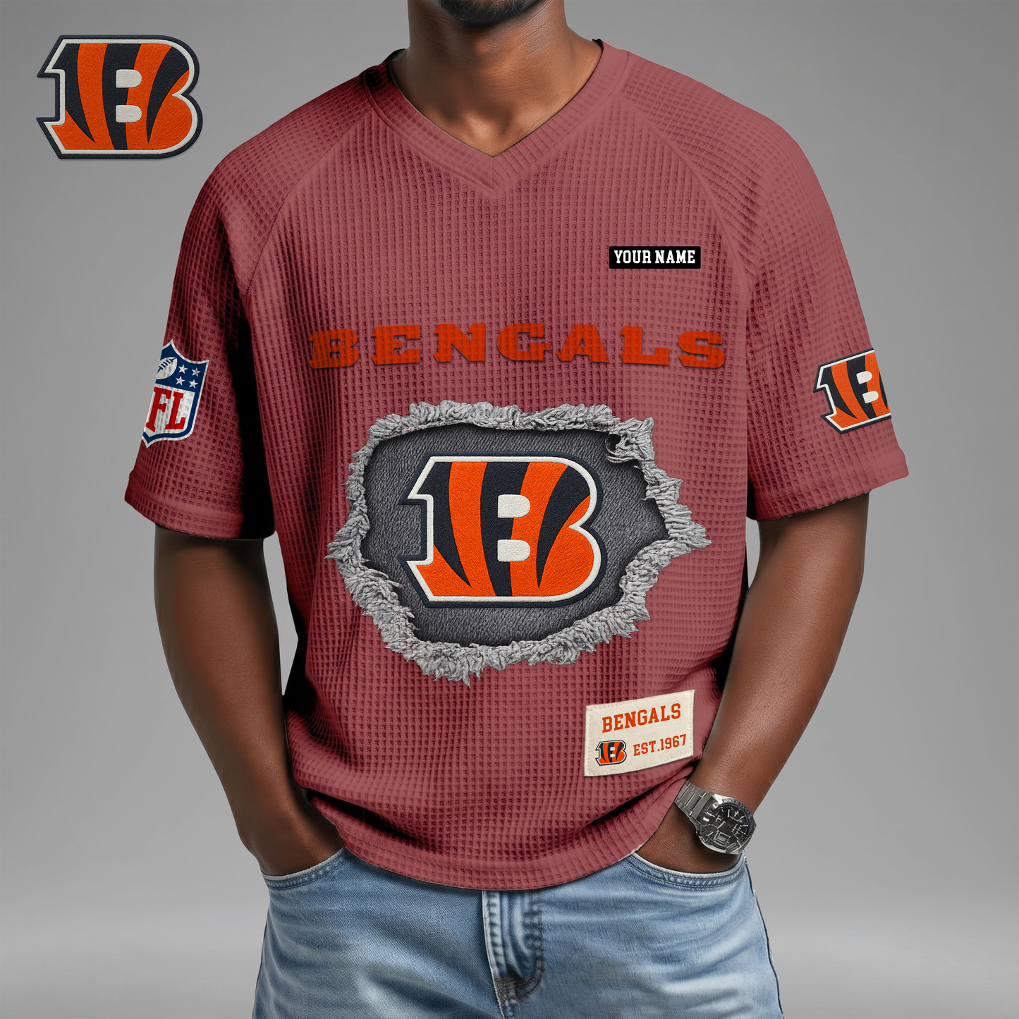 PREMIUM NFL X CIN Game Day Waffle V-neck T-shirt 110626