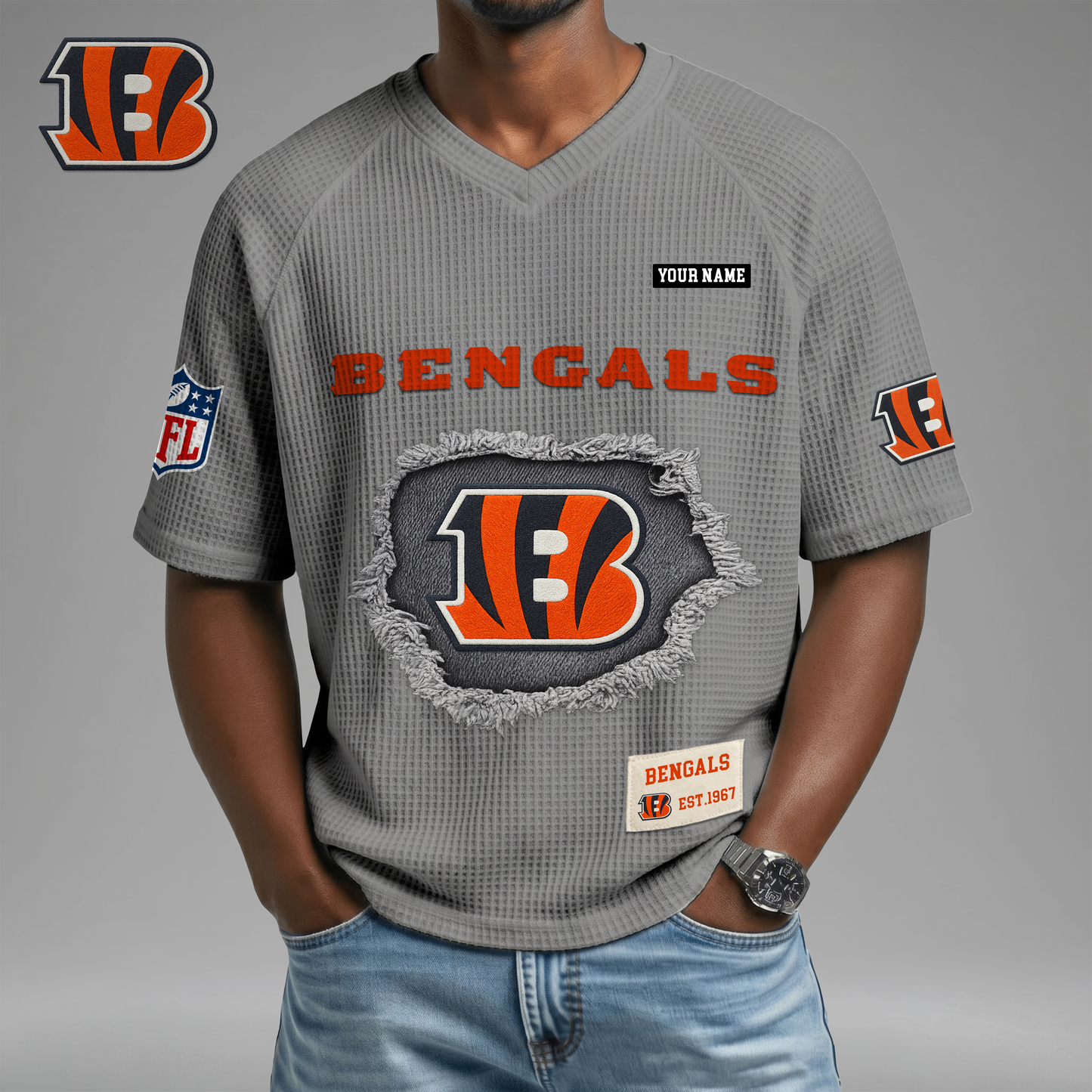 PREMIUM NFL X CIN Game Day Waffle V-neck T-shirt 110626