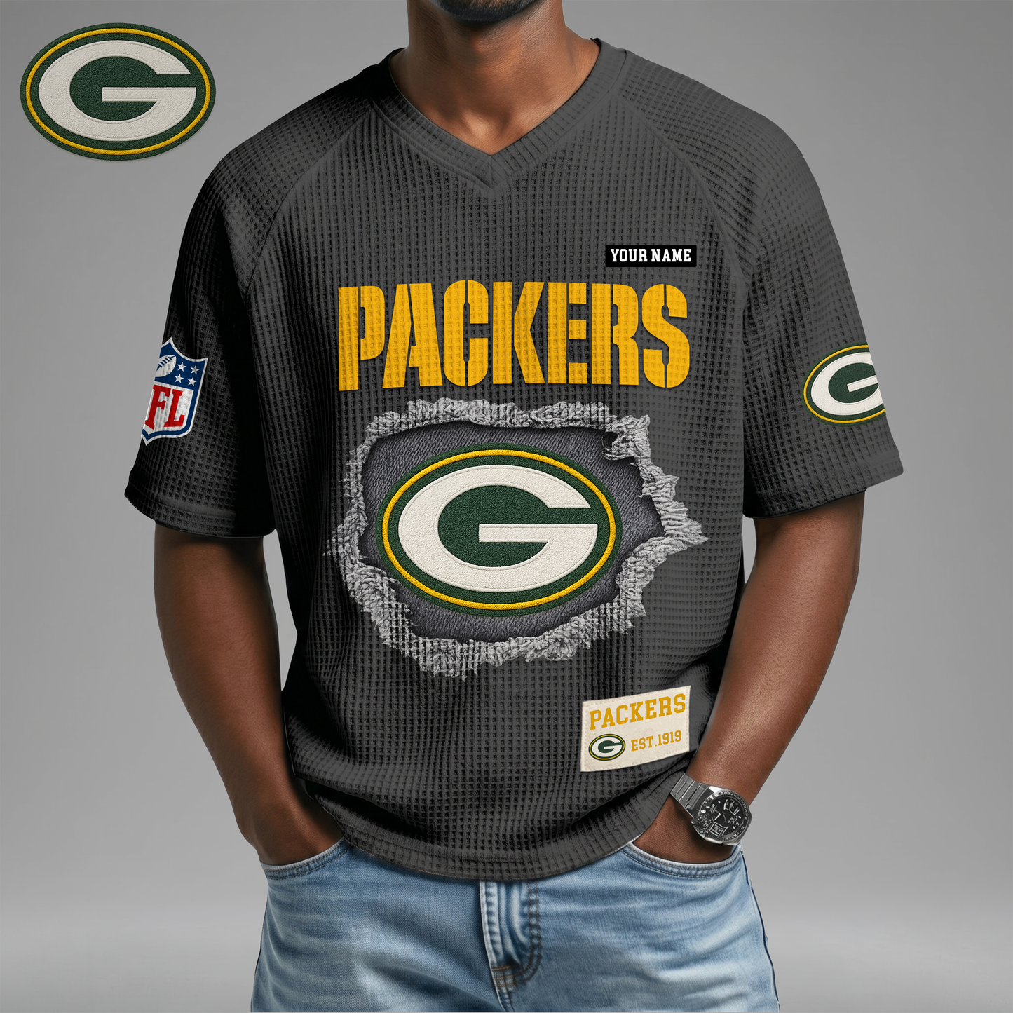 PREMIUM NFL X GBP Game Day Waffle V-neck T-shirt 110626