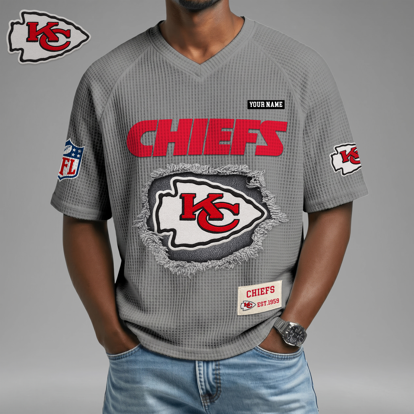 PREMIUM NFL X KC Game Day Waffle V-neck T-shirt 110626