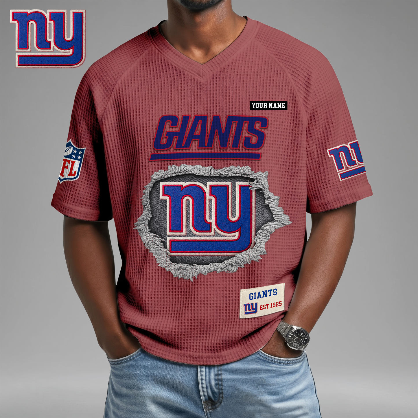 PREMIUM NFL X NYG Game Day Waffle V-neck T-shirt 110626
