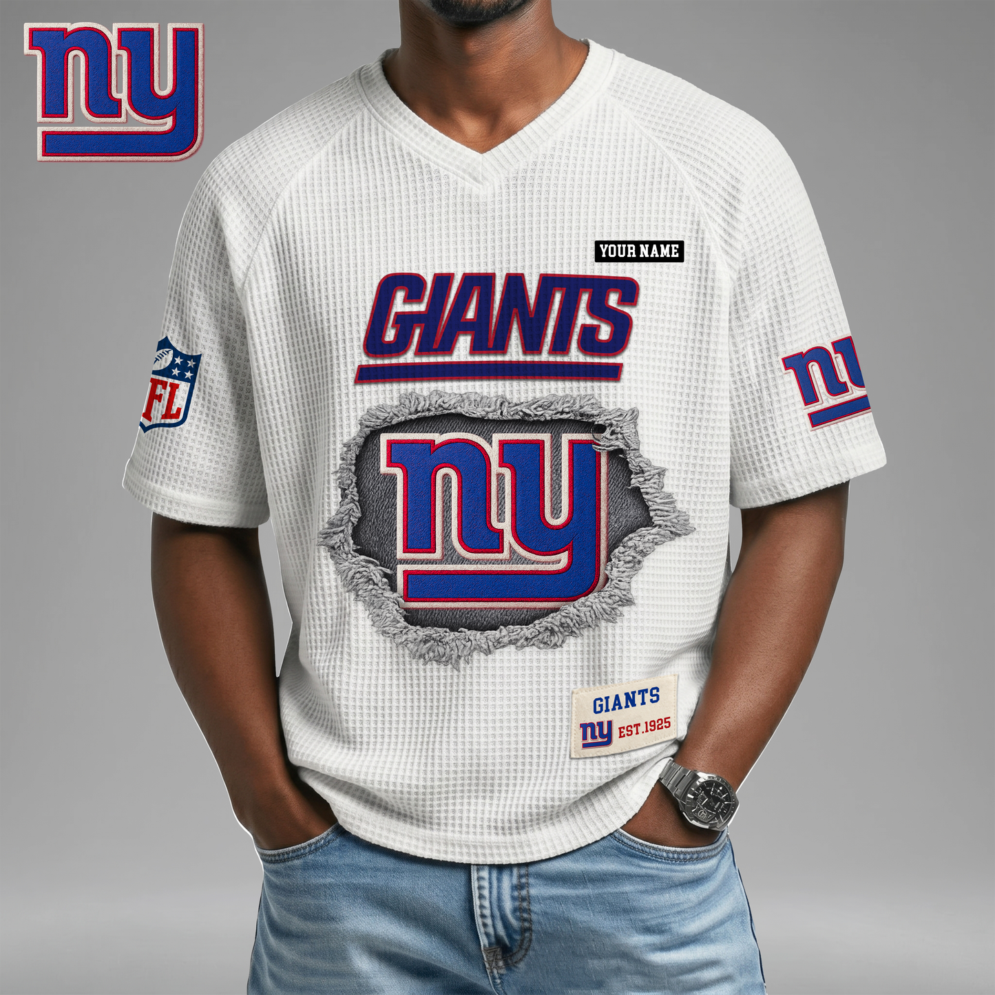 PREMIUM NFL X NYG Game Day Waffle V-neck T-shirt 110626