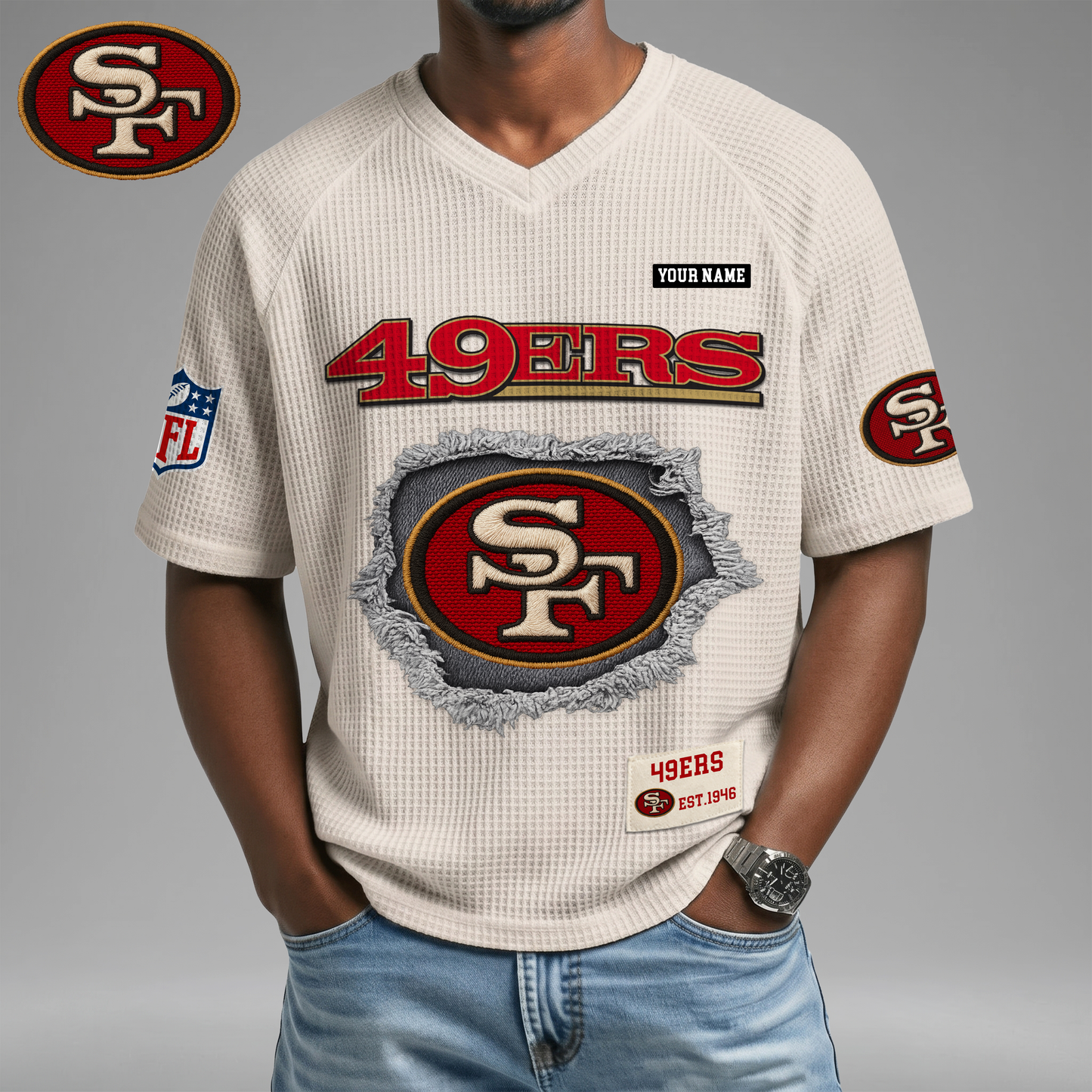 PREMIUM NFL X SF Game Day Waffle V-neck T-shirt 110626