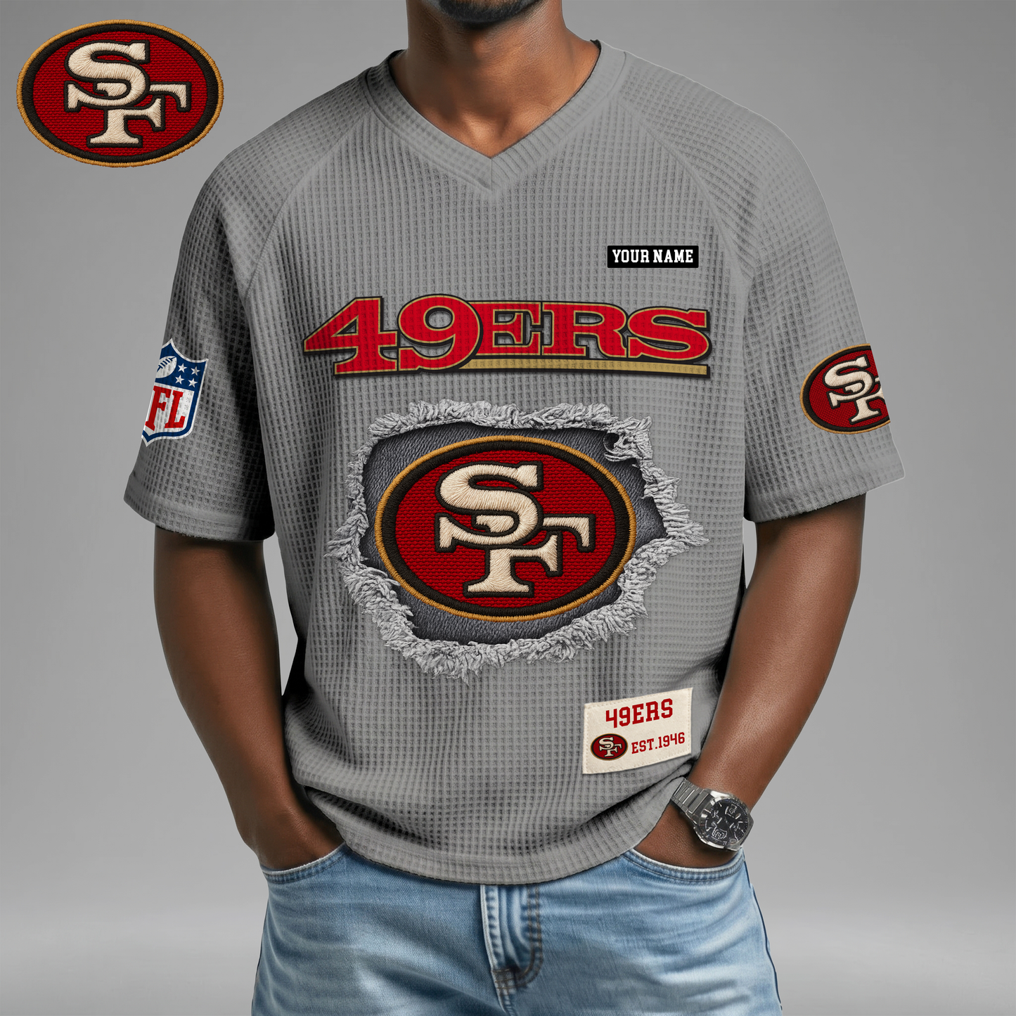 PREMIUM NFL X SF Game Day Waffle V-neck T-shirt 110626