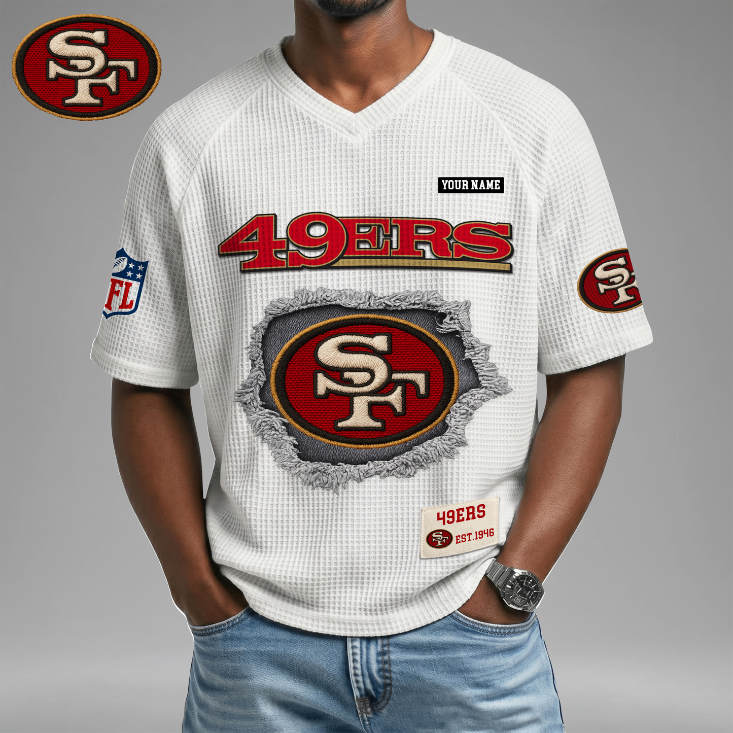 PREMIUM NFL X SF Game Day Waffle V-neck T-shirt 110626