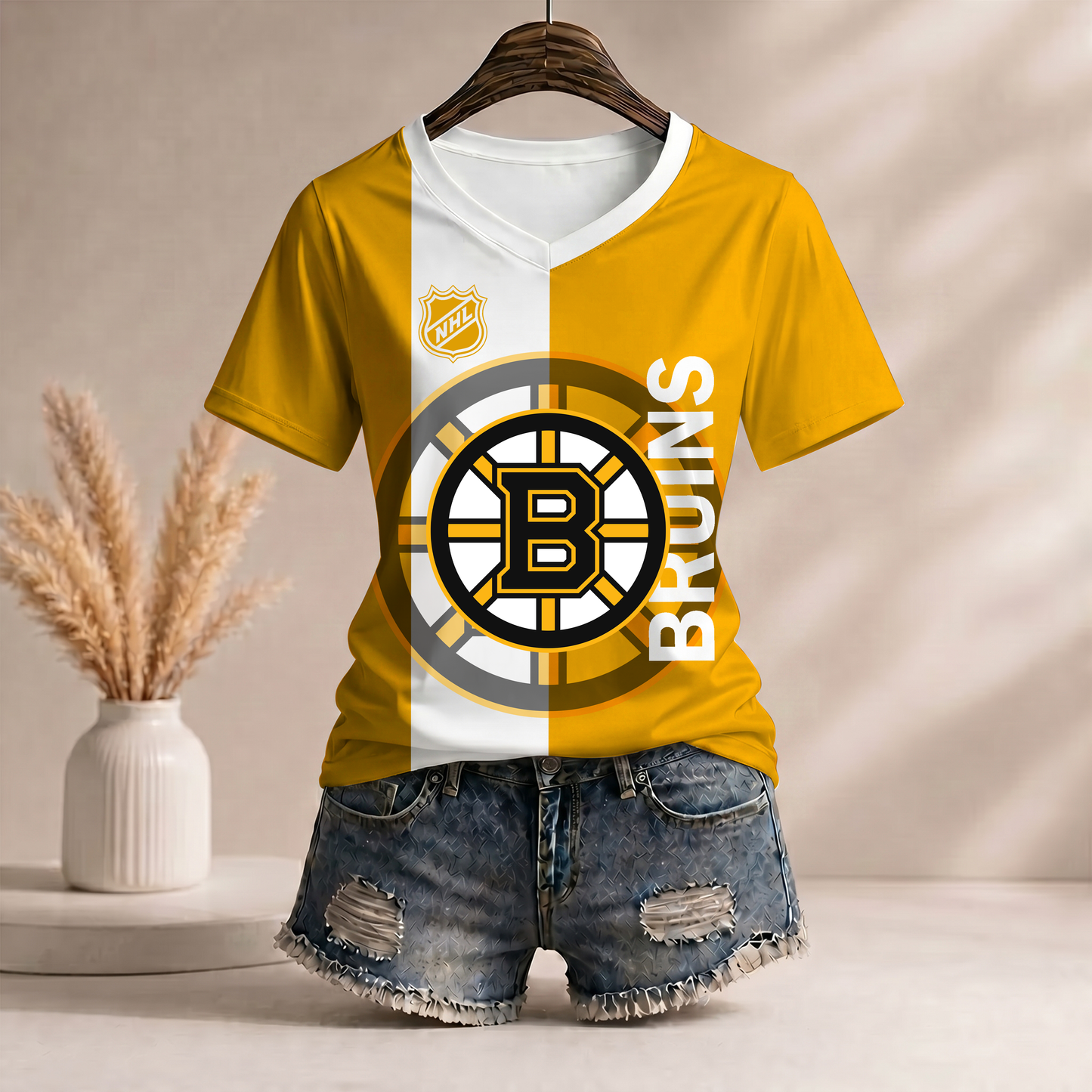 PREMIUM NHL X BB WomenŸ??s Casual Loose Stripe V-Neck T-Shirt NDT VHM 290526