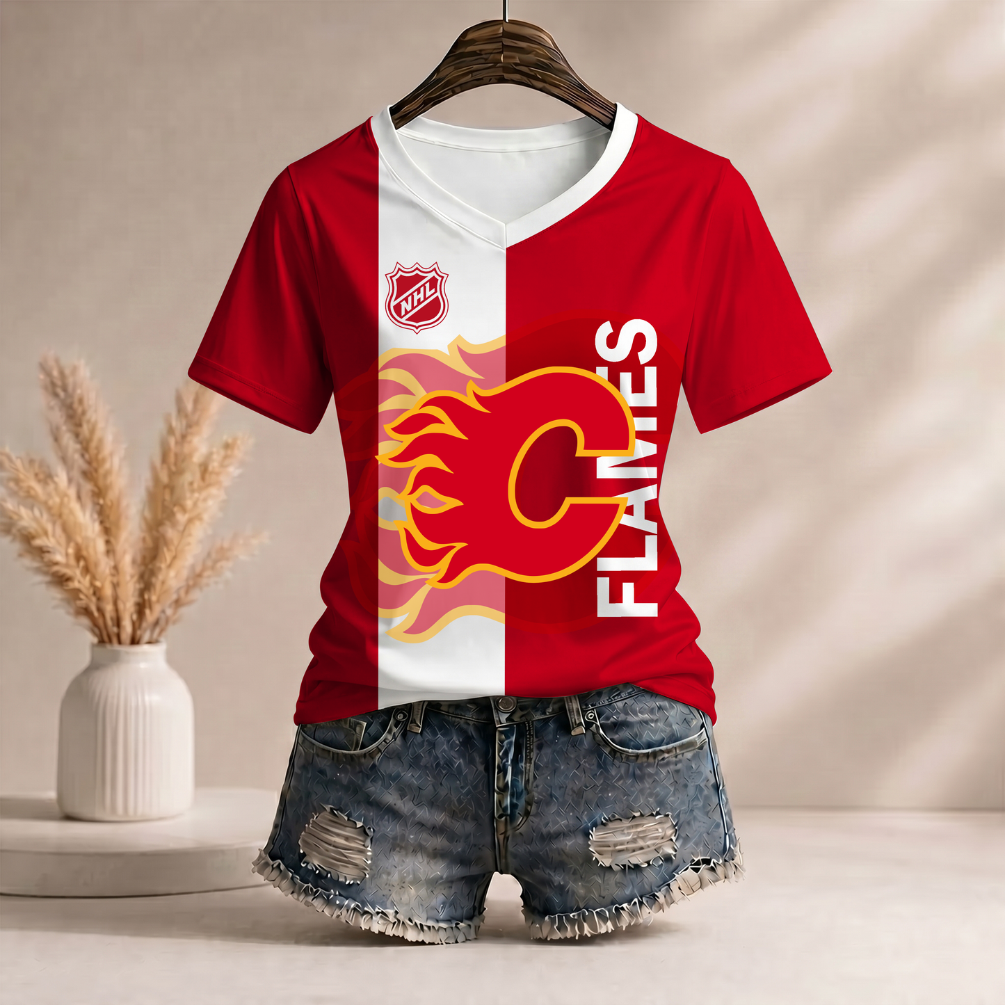 PREMIUM NHL X CF WomenŸ??s Casual Loose Stripe V-Neck T-Shirt NDT VHM 290526