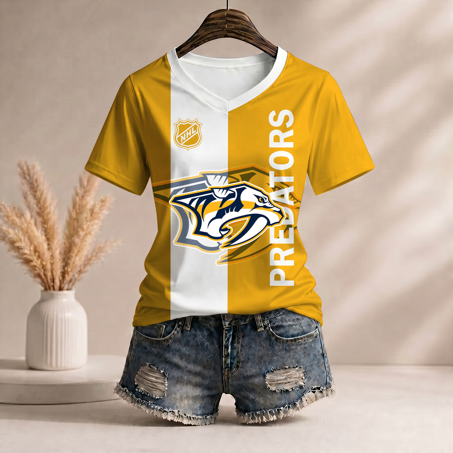 PREMIUM NHL X NP WomenŸ??s Casual Loose Stripe V-Neck T-Shirt NDT VHM 290526