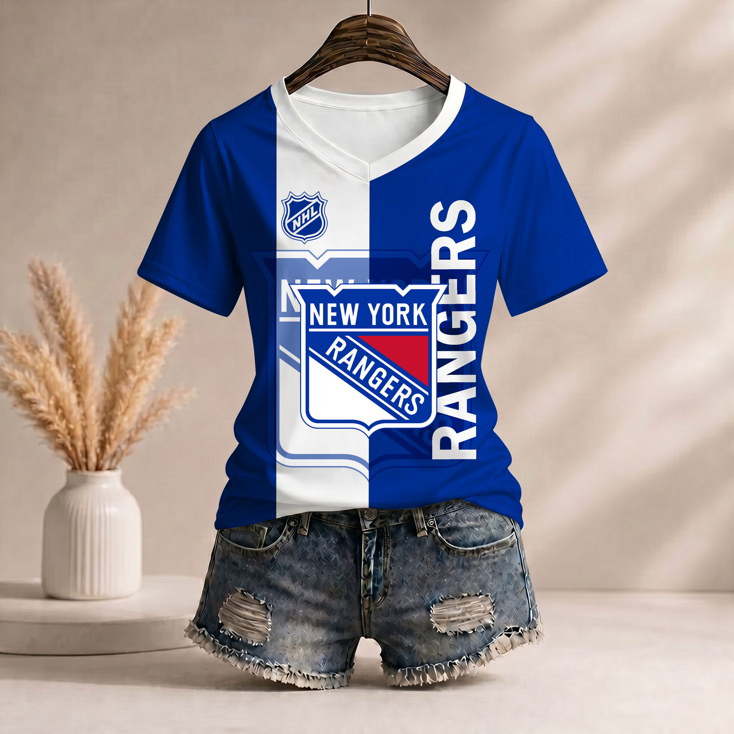 PREMIUM NHL X NYR WomenŸ??s Casual Loose Stripe V-Neck T-Shirt NDT VHM 290526