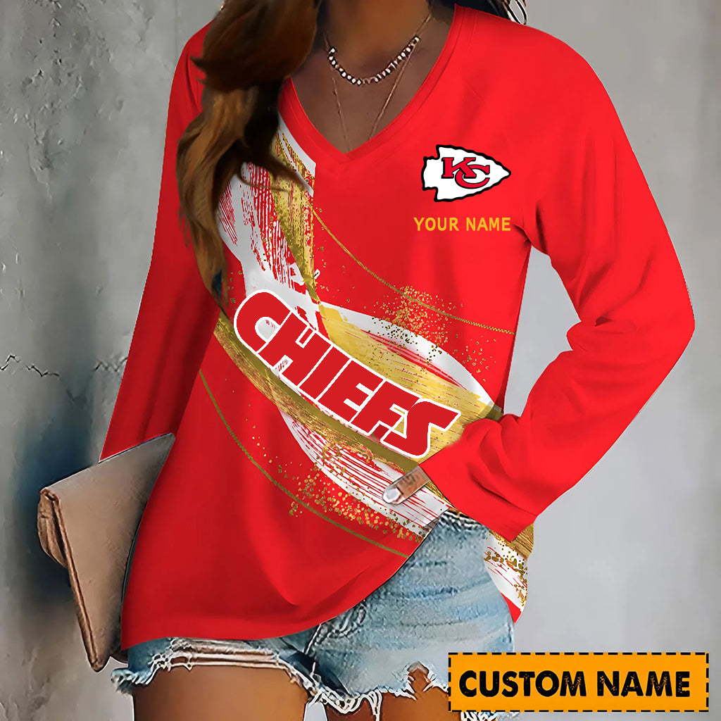 PREMIUM NFL X KCC Womenƒ??s V-Neck Long-Sleeved Shirt - Custom Name Gifts For Fans NDT NHM 240226