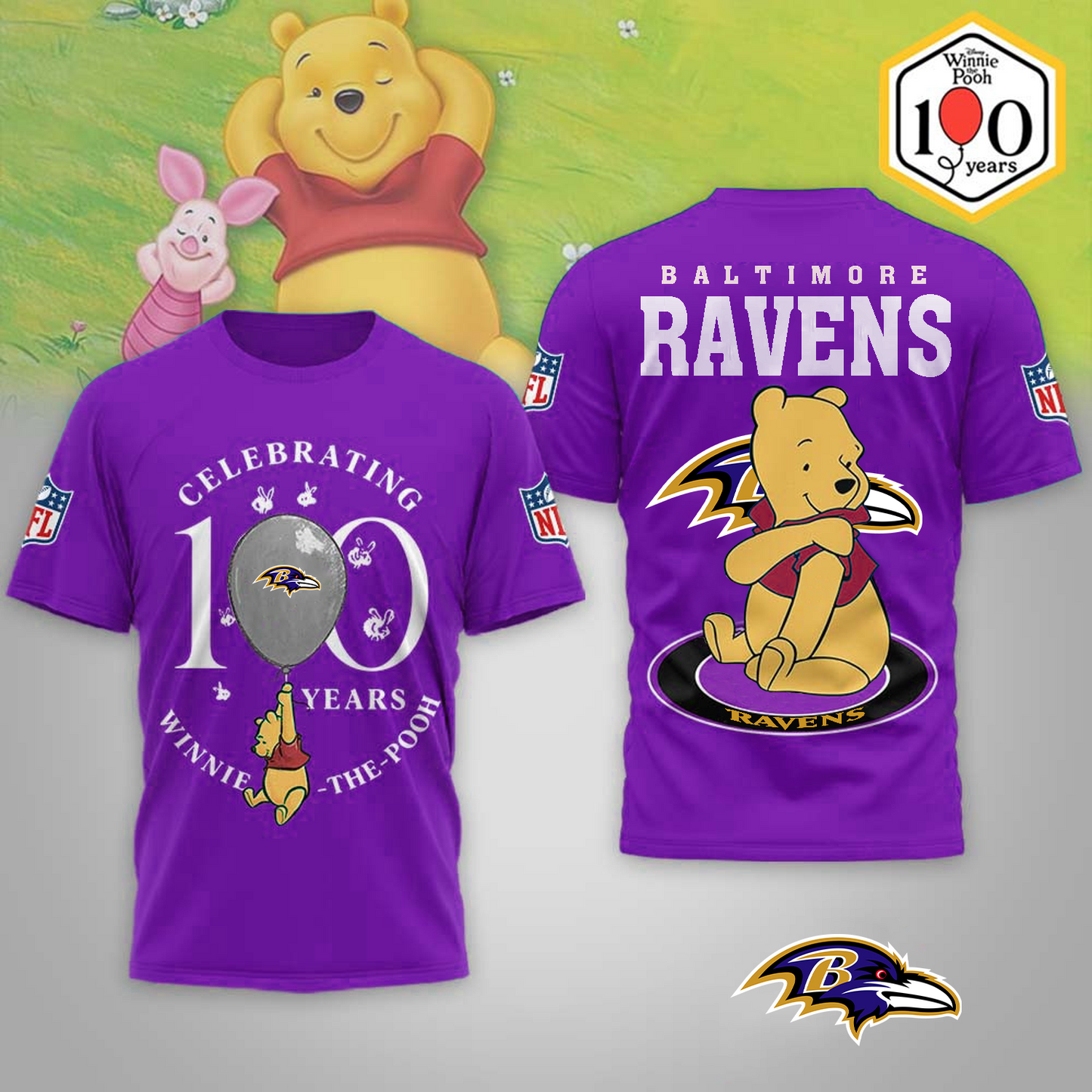 Premium NFL x BAL Winnie The Pooh 100th Anniversary 3D Shirt DATND TANTD