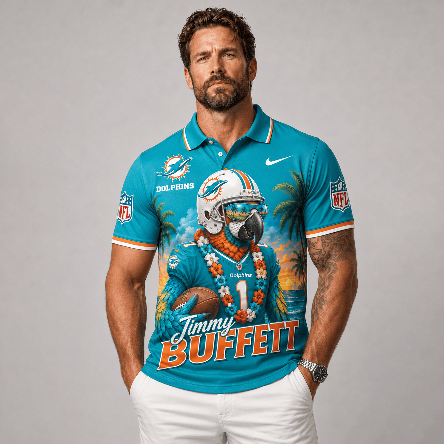 Premium NFL x MIA Tropical Parrot Performance Polo Shirt 180626