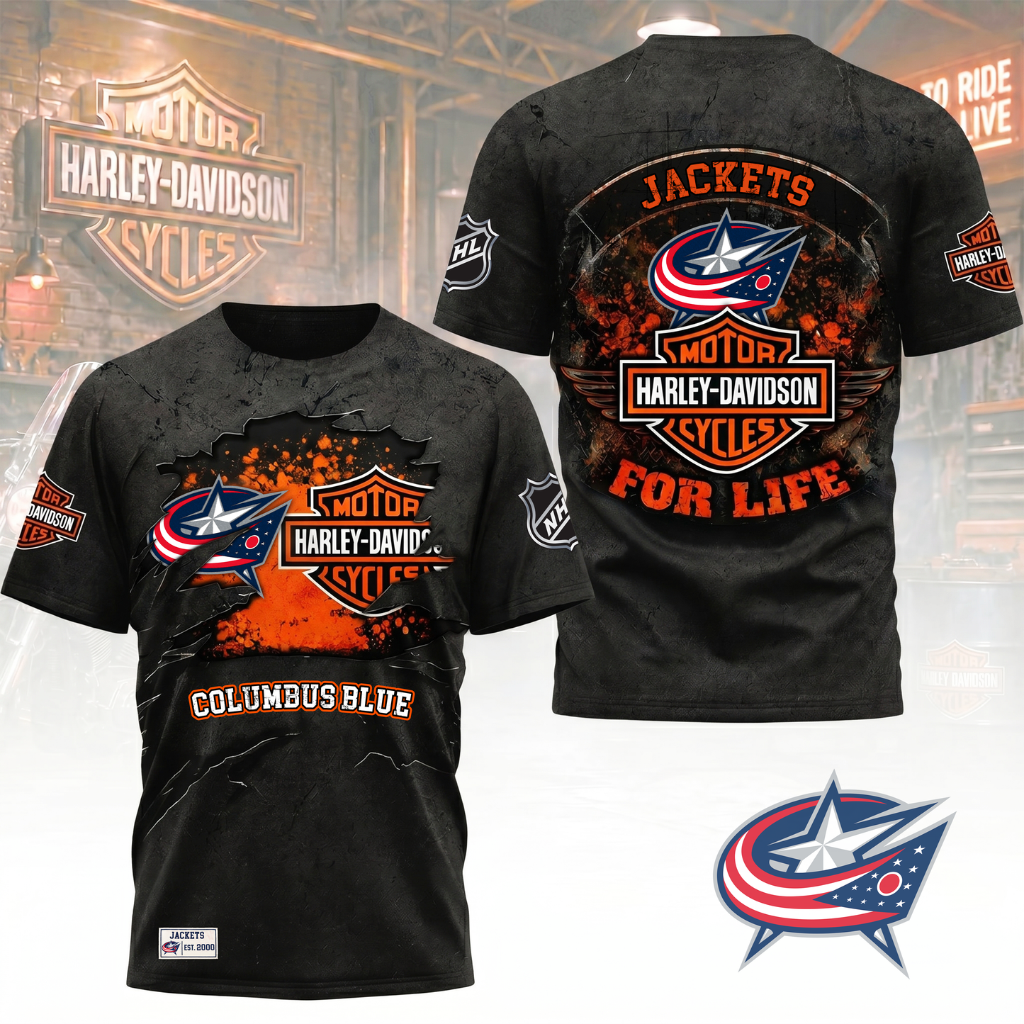 Premium NHL X CBJ Harley Davidson For Life 3D Shirt NDT VHM 180526