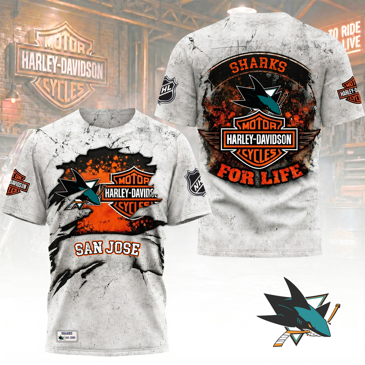 Premium NHL X SJS Harley Davidson For Life 3D Shirt NDT VHM 180526