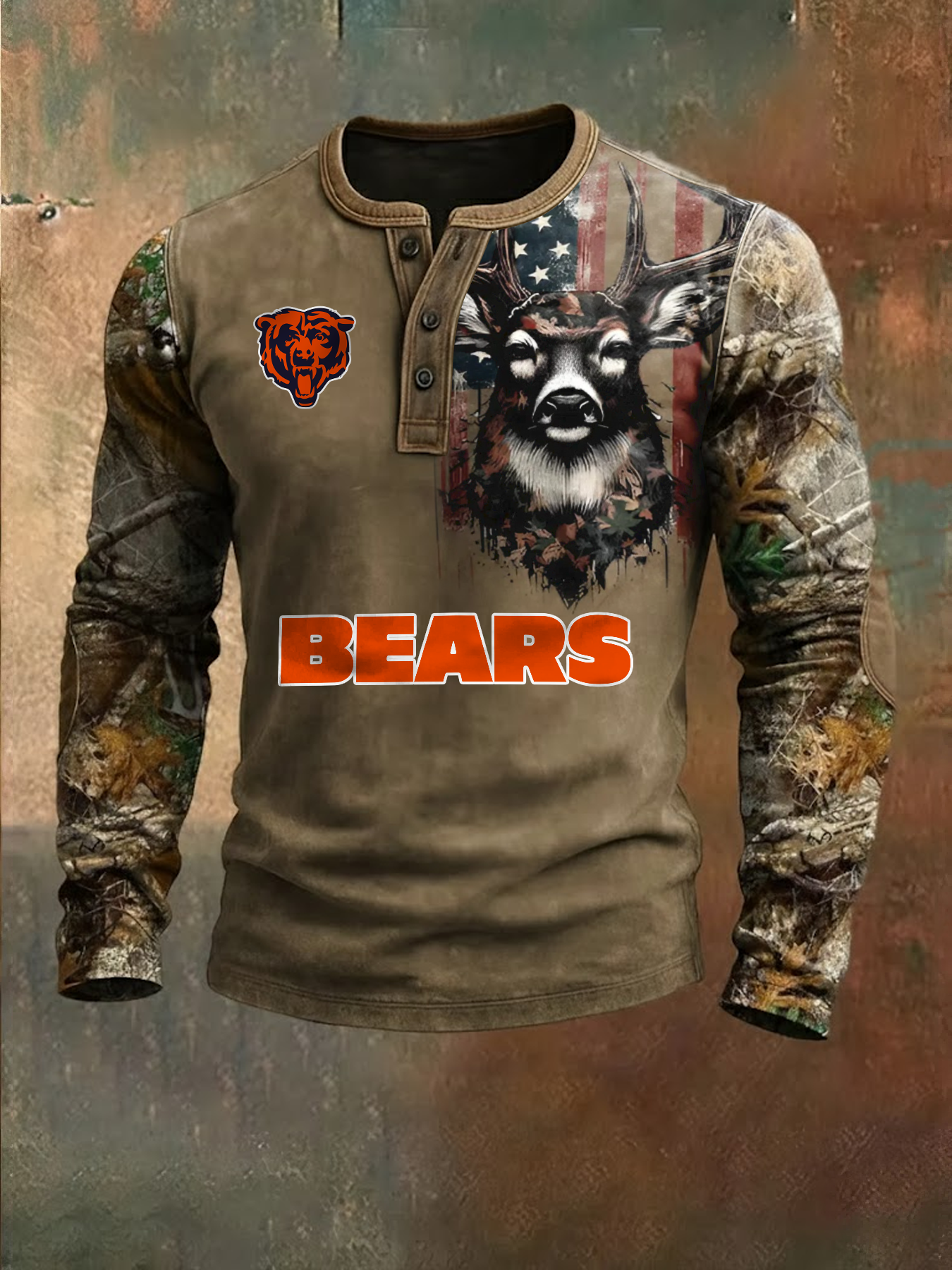 Premium NFL X CHI Retro Western Deer Henley Long Sleeve Shirt NDT NHM 311225