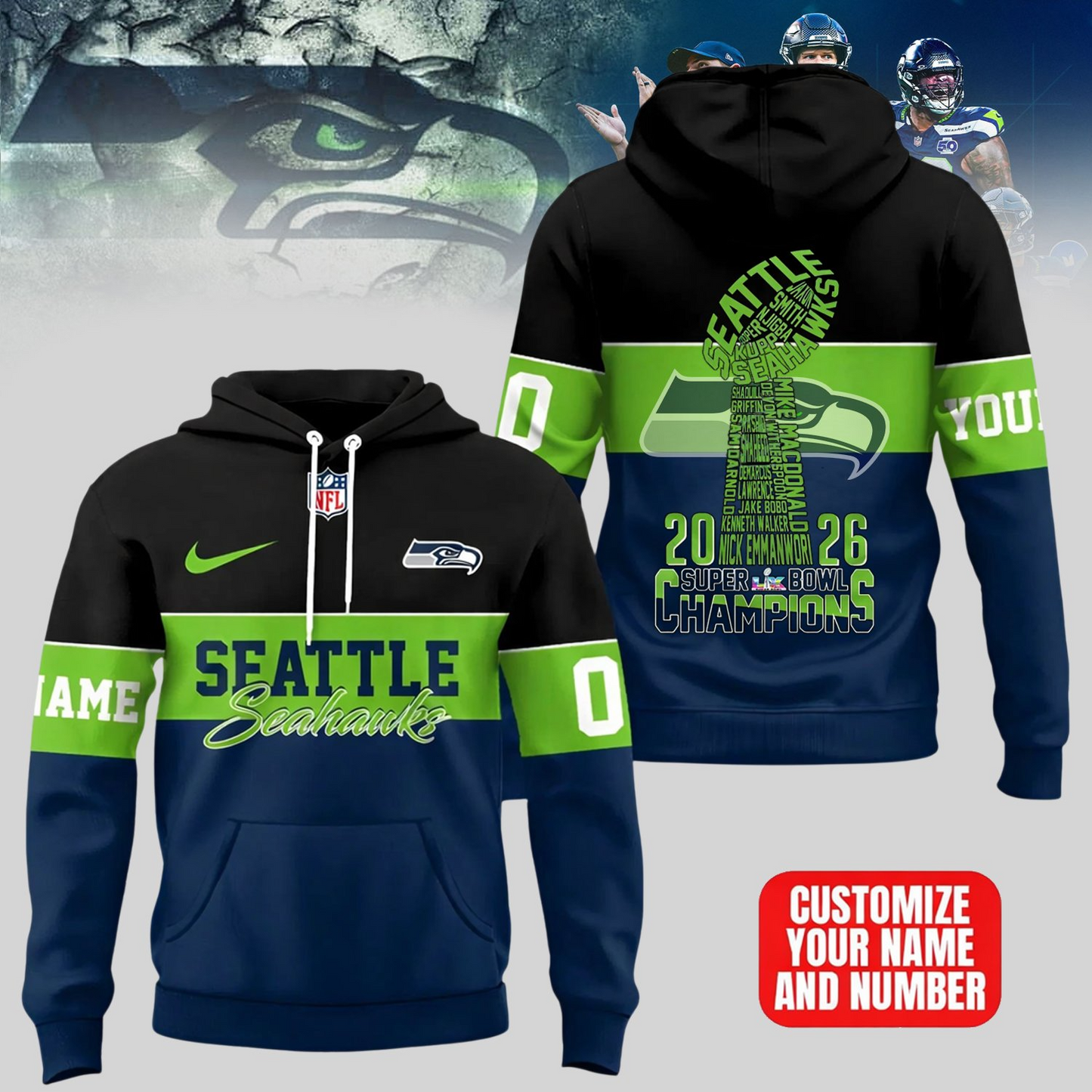 Premium NFL x SEA 2026 Super Bowl 3D HOODIE V8 LIMITED EDITIONS NDT NHM 090226