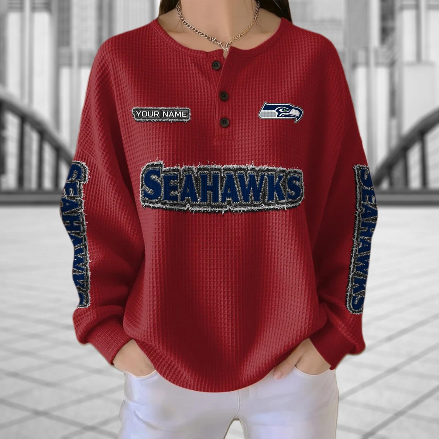SEA x NFL Personalized Waffle Knit Henley Sweatshirt 2005 DatND DVT