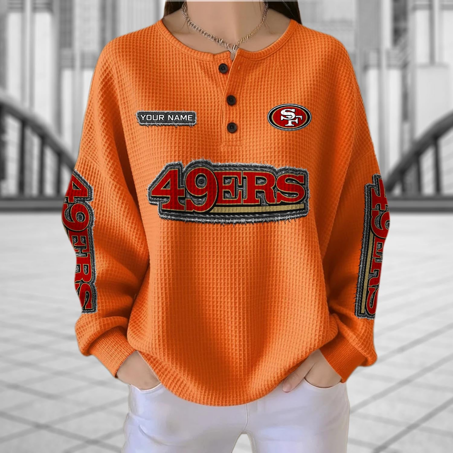 SF x NFL Personalized Waffle Knit Henley Sweatshirt 2005 DatND DVT